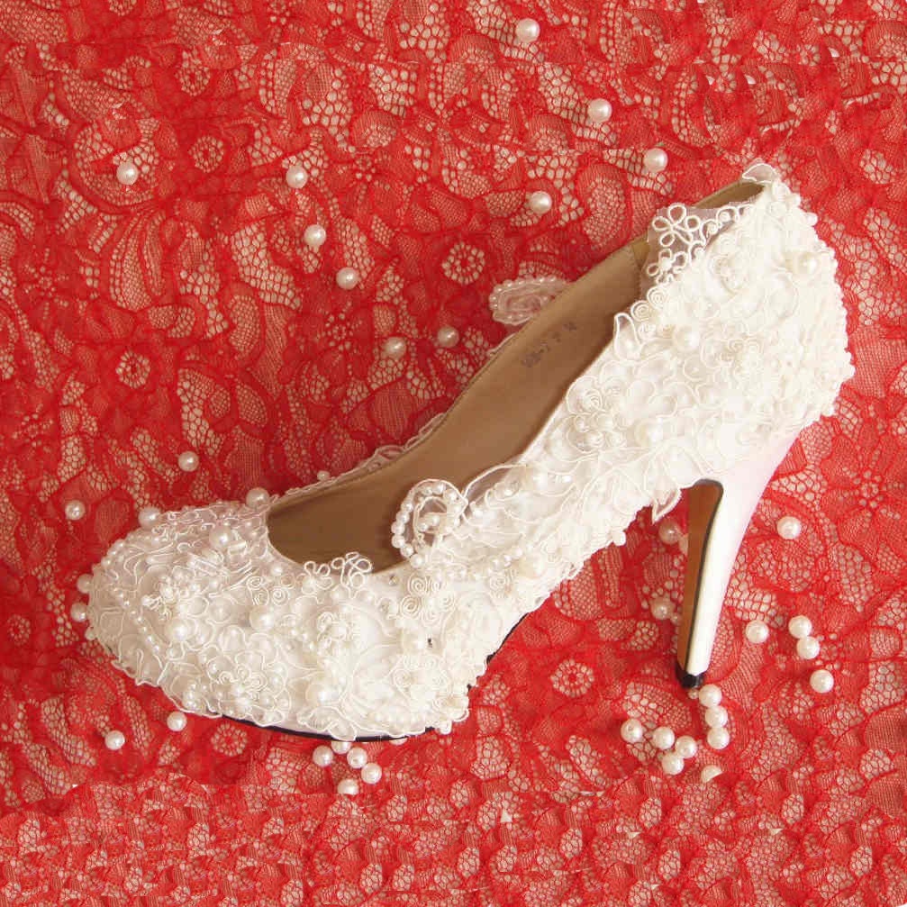 Handmade all lace covered wedding shoes , party shoes white pearl