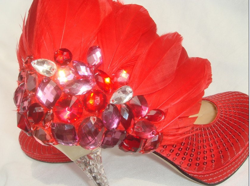 Hand sewing princess crystal shoes wedding shoes high heel with feather red