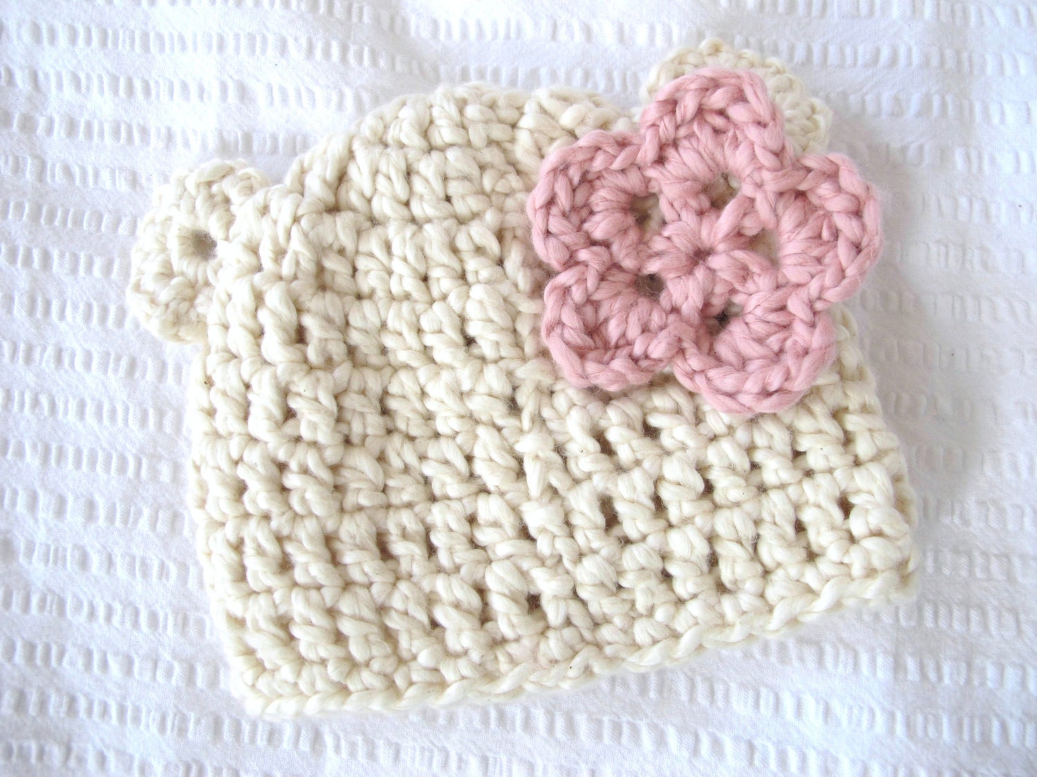 Girls Organic Cotton Chunky Bear Hat with Flower sizes Newborn, 0-3m, 3-6m, & 6-12m