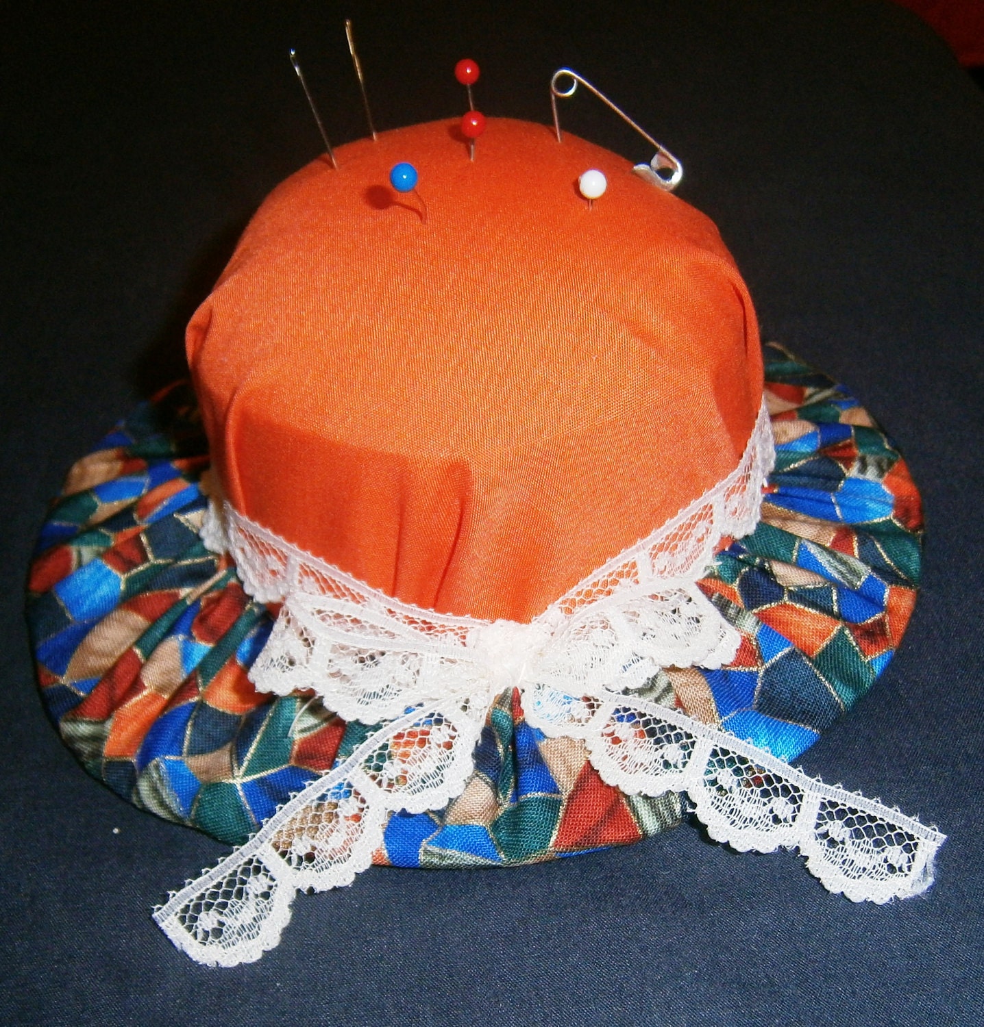 Multicolor Stained Glass print w/ orange top Pin Cushion hat     (shaped)  with white lace