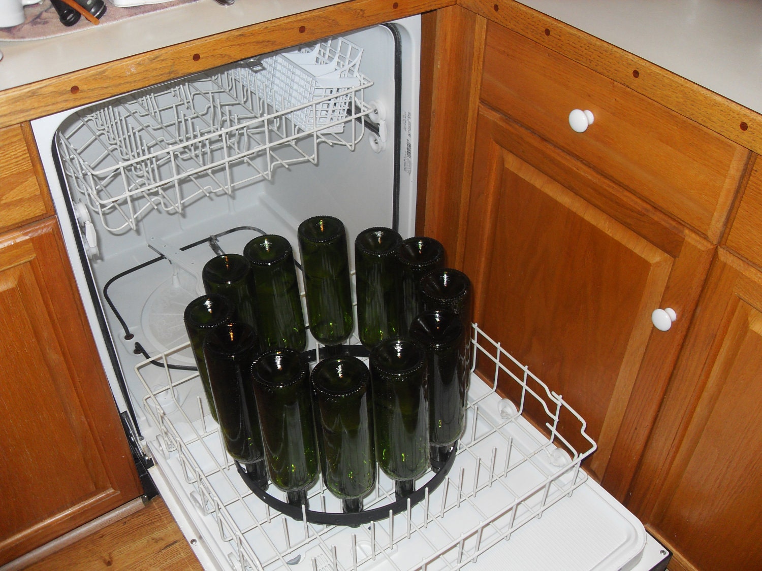 Wine Bottle Chandelier, Black Wrought Iron texture with Frosted Bottles