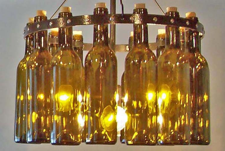 Jr. 15 Wine Bottle Chandelier, 15 Split 375ml Antique Green Bottles