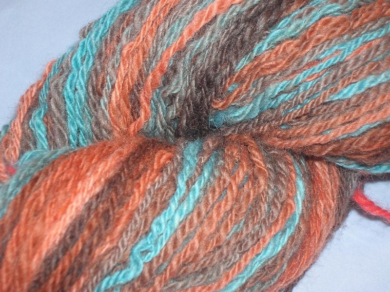 Handspun, hand dyed, worsted 3-ply self striping yarn. EU Seller