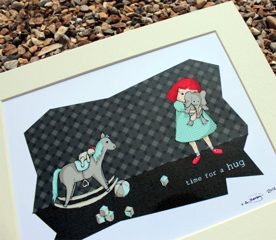 Original art illustrative print, Hug time (10" x 12")