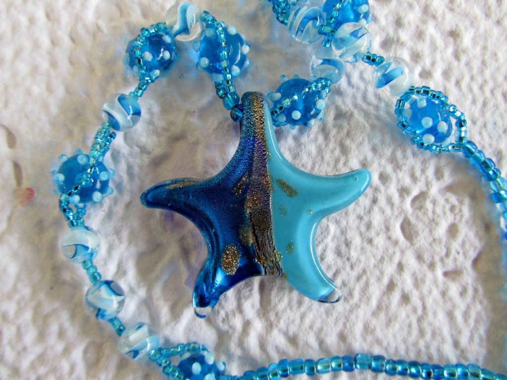 Starfish Art-Glass Pendant with  Aqua Blue Beads & Seed Bead Necklace
