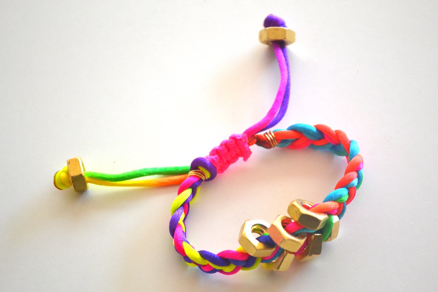 Rainbow Steampunk Hex Nut Neon Pink Gold Braided Bracelet Pull Tie