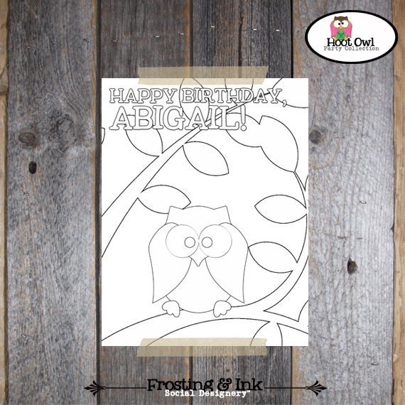 Owl Party - Night Owl Birthday Party - Coloring Page - Coloring Sheet - Customized Printable (Pajama Party, Woodland)