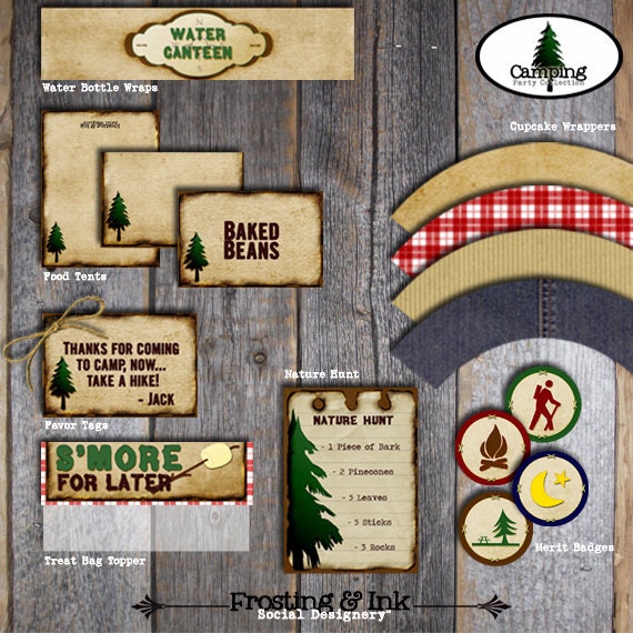 Camping Party - Campout Birthday Party - Complete Collection - Cupcake Toppers, Banner, Favor Tags, Signs & More - Customized Printable