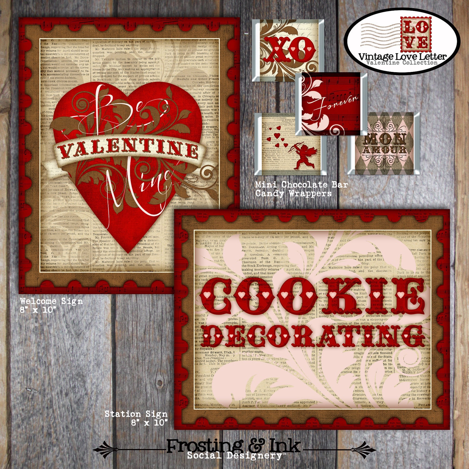 Valentine's Day Party - Complete Collection - Toppers, Bunting Banner, Favor Tags & More - Customized Printable (Vintage Inspired)
