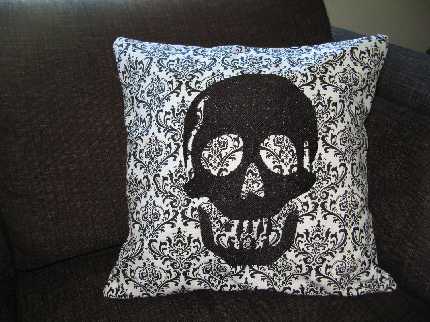 Decorative Skull Pillow Cover, Black Embroidered Skull, 16 x 16 inch