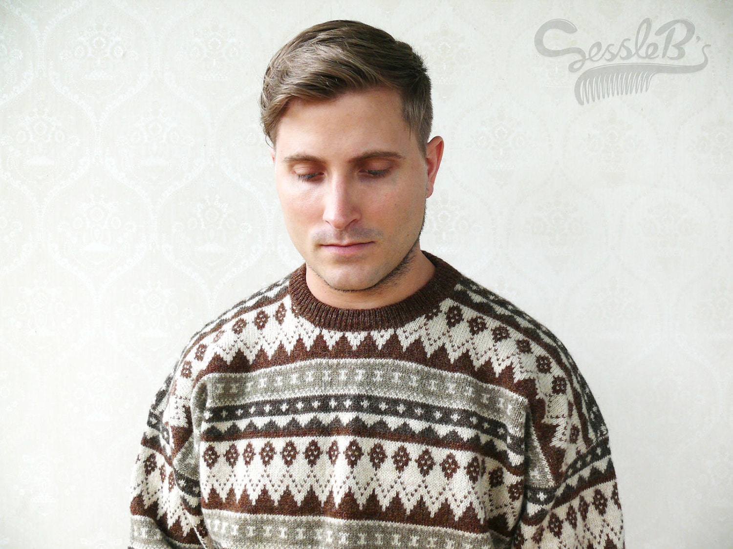 Vintage Men's knitted retro patterned sweater, Large - Browns and creams . . . . . . . . . . "Like" our fb page for 10% discount