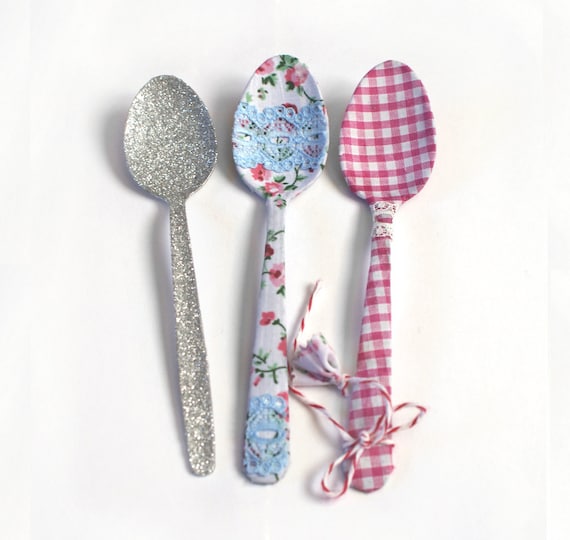 Mothers Day Vintage Fabric Teaspoons, Pink Roses and Gingham, Other Fabrics Available. Country Farm House Style