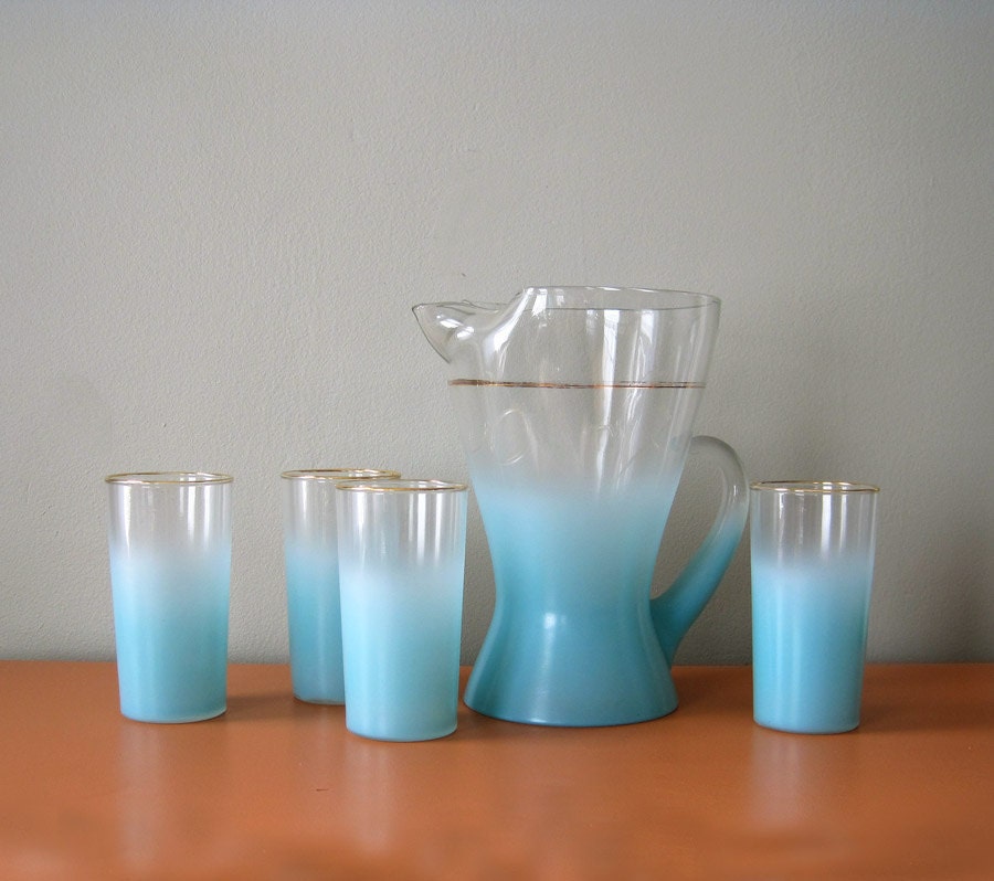 Retro Aqua Blendo Set, Pitcher and 4 Glasses