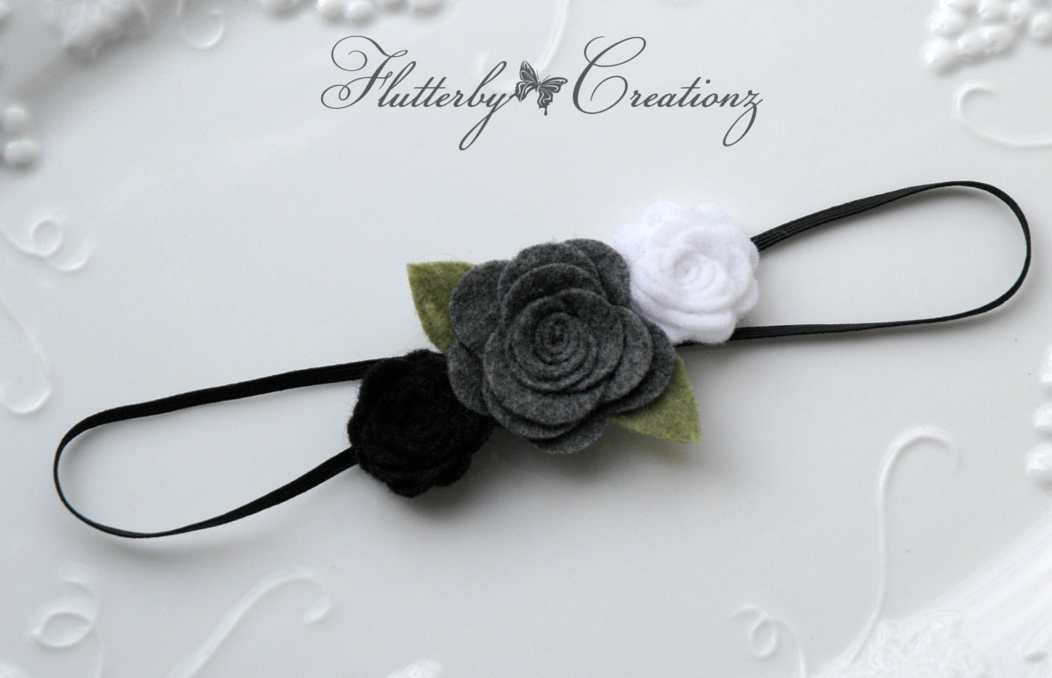Black, Dark Grey & White Rosette Felt Flowers Elastic Headband