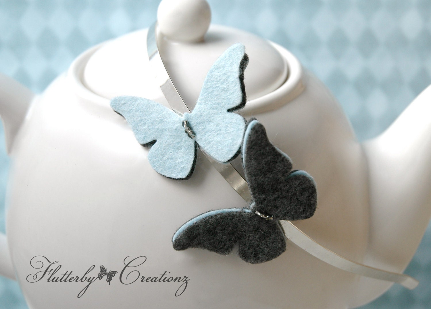Light Blue Wool Felt  and Dark Grey Felt Butterflies with Glass Beads on Silver Metal Headband
