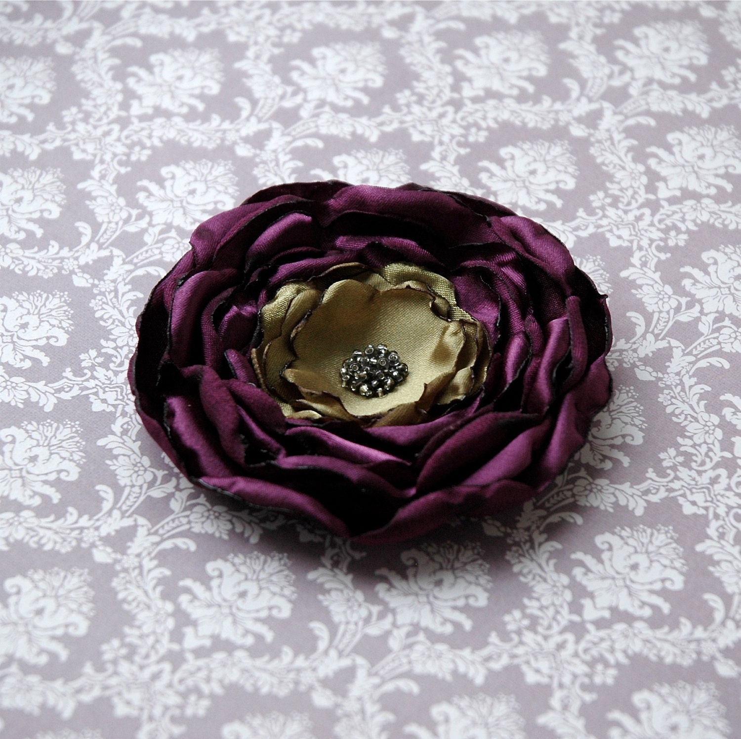 Purple and Olive Green Burnt (Heat Singed) Satin Lollipop Flower with Dark Silver Grey Glass Beads Clip / Brooch Pin
