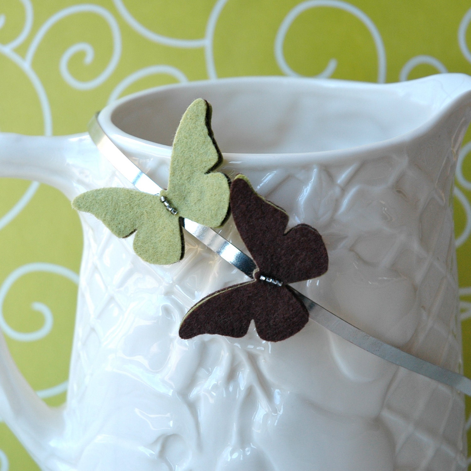 Olive Green and Chocolate Brown Wool Felt Butterflies with Glass Beads on Silver Metal Headband