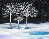 Family Tree, Original Painting, White Winter, Wall Art, Surreal, Fantasy Art,  Fine Art, Black and White