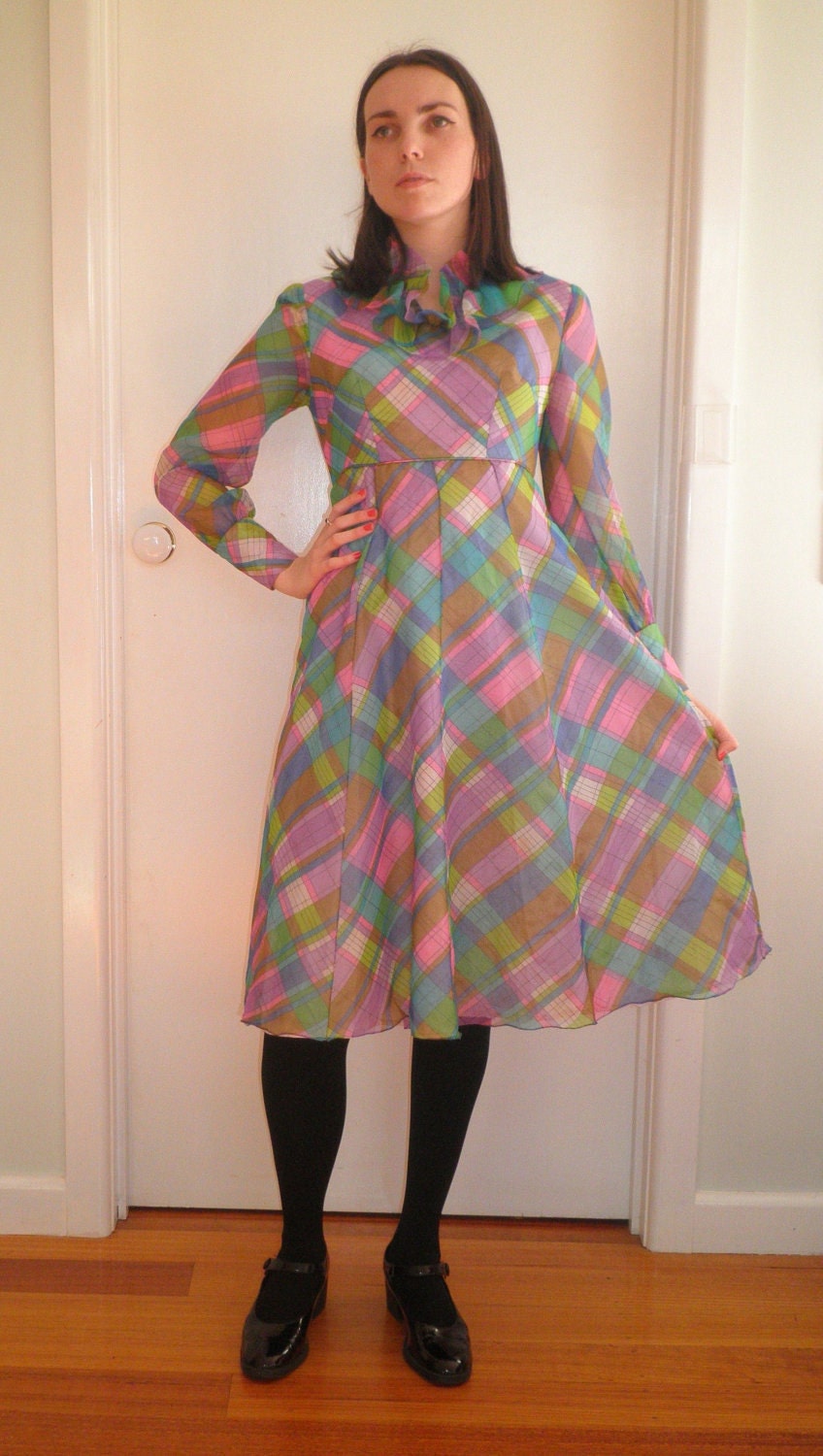 1960s Colourful Gingham Party Dress size S-M