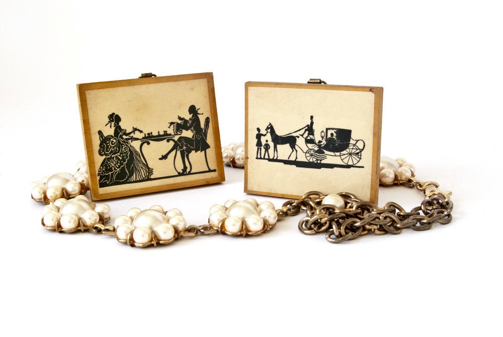 Vintage Silhouette Style Pictures Dated 1936 Elegant Chess Play Horse Drawn Carriage King and Queen Set of 2