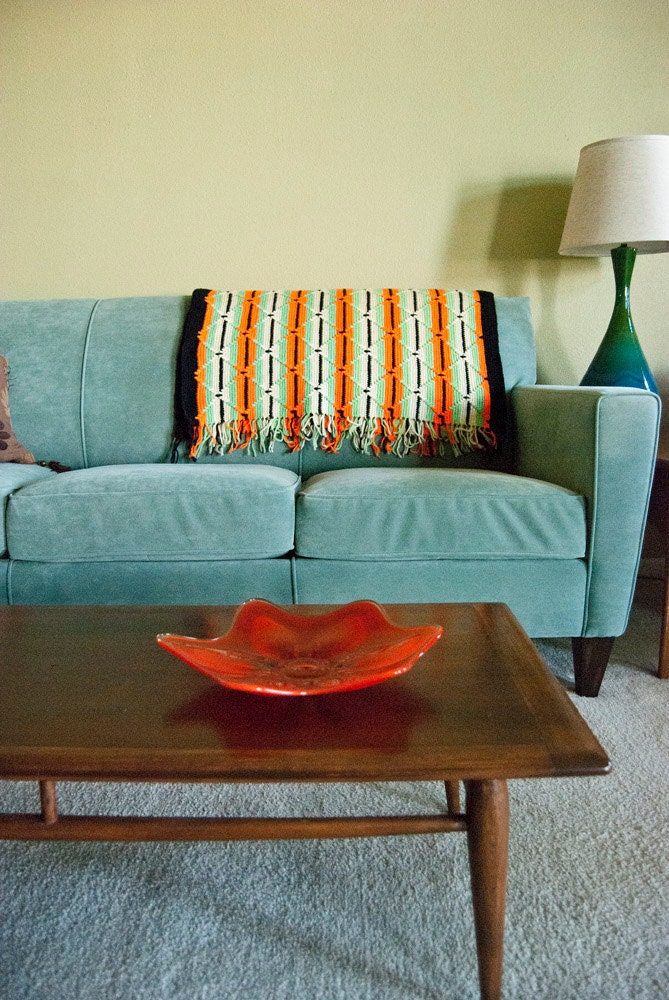 Vintage Afghan Orange Black Green Cream Stripes Retro Mid Century Design