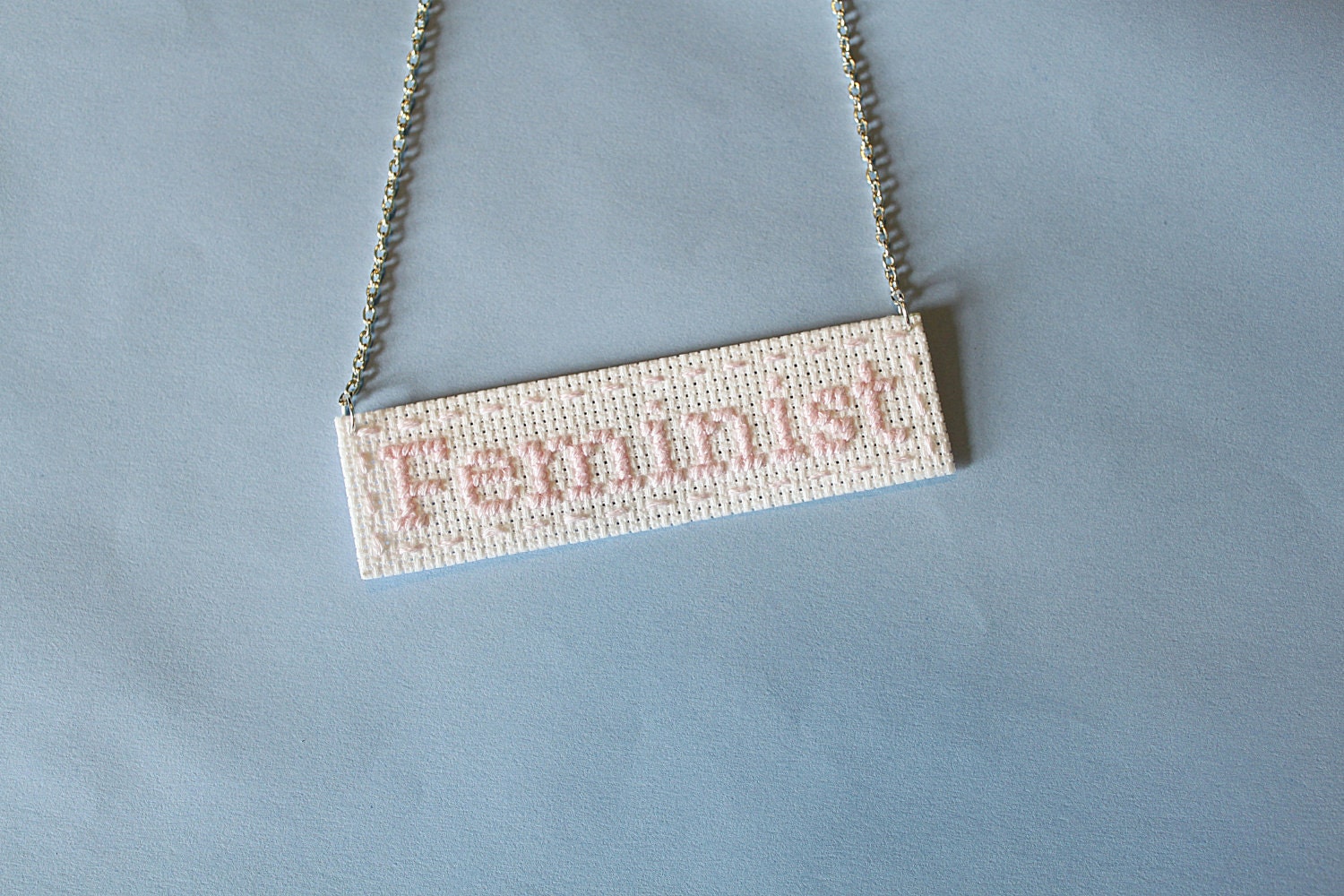 Limited Edition Collection Feminist Cross Stitch Necklace in Pale Pink