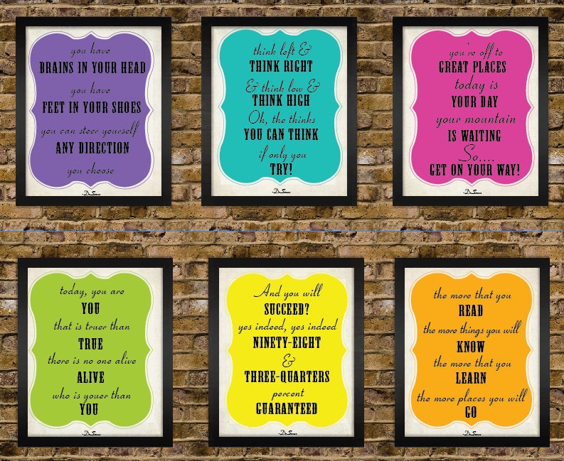 6 8x10 Dr.Seuss Motivational Typography Quote Poster Set Prints - Bright Classroom Playroom Artwork - BPerfect Teacher Gift