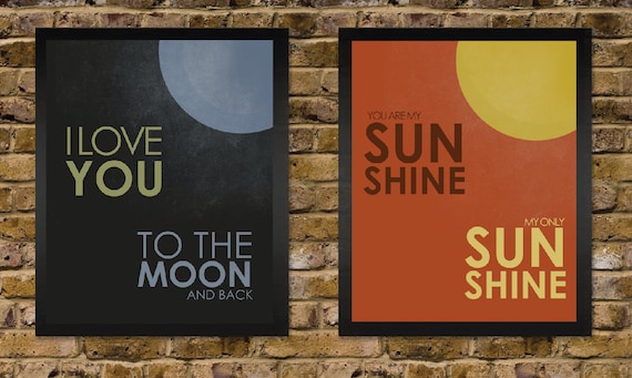 You are my sunshine and I Love you to the Moon - Vintage Distressed Nursery Print Set - yellow grey blue