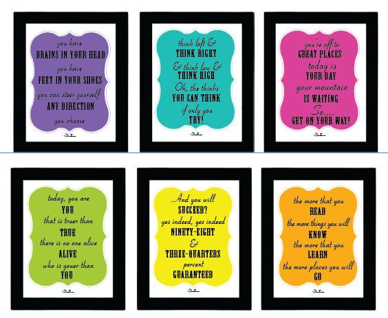 6 8x10 Dr.Seuss Motivational Typography Quote Poster Set Prints - Bright Classroom Playroom Artwork - BPerfect Teacher Gift