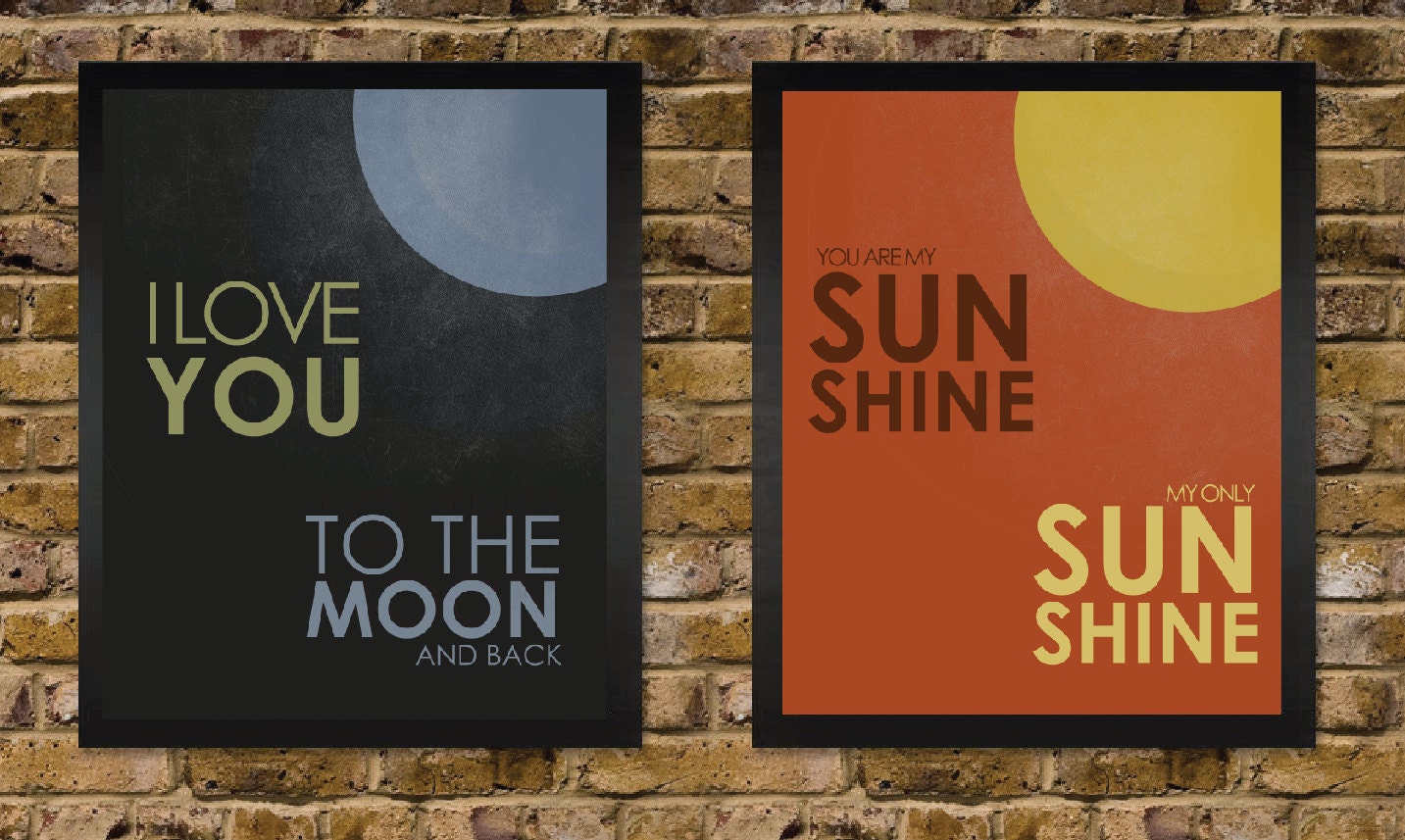 You are my sunshine and I Love you to the Moon - Vintage Distressed Nursery Print Set - yellow grey blue