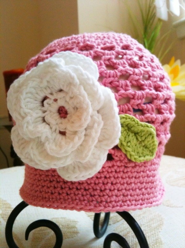 Dahlia - 0005 - PDF Pattern for Crocheted Baby Hat with Flower - Instructions given for sizes 0-3m 3-6m 6-12m