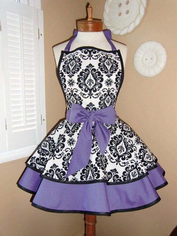 Damask Print Accented with Purple Womans Retro Apron With Tiered Skirt And Bib...Plus Size Available