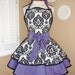 Damask Print Accented with Purple Womans Retro Apron With Tiered Skirt And Bib...Plus Size Available