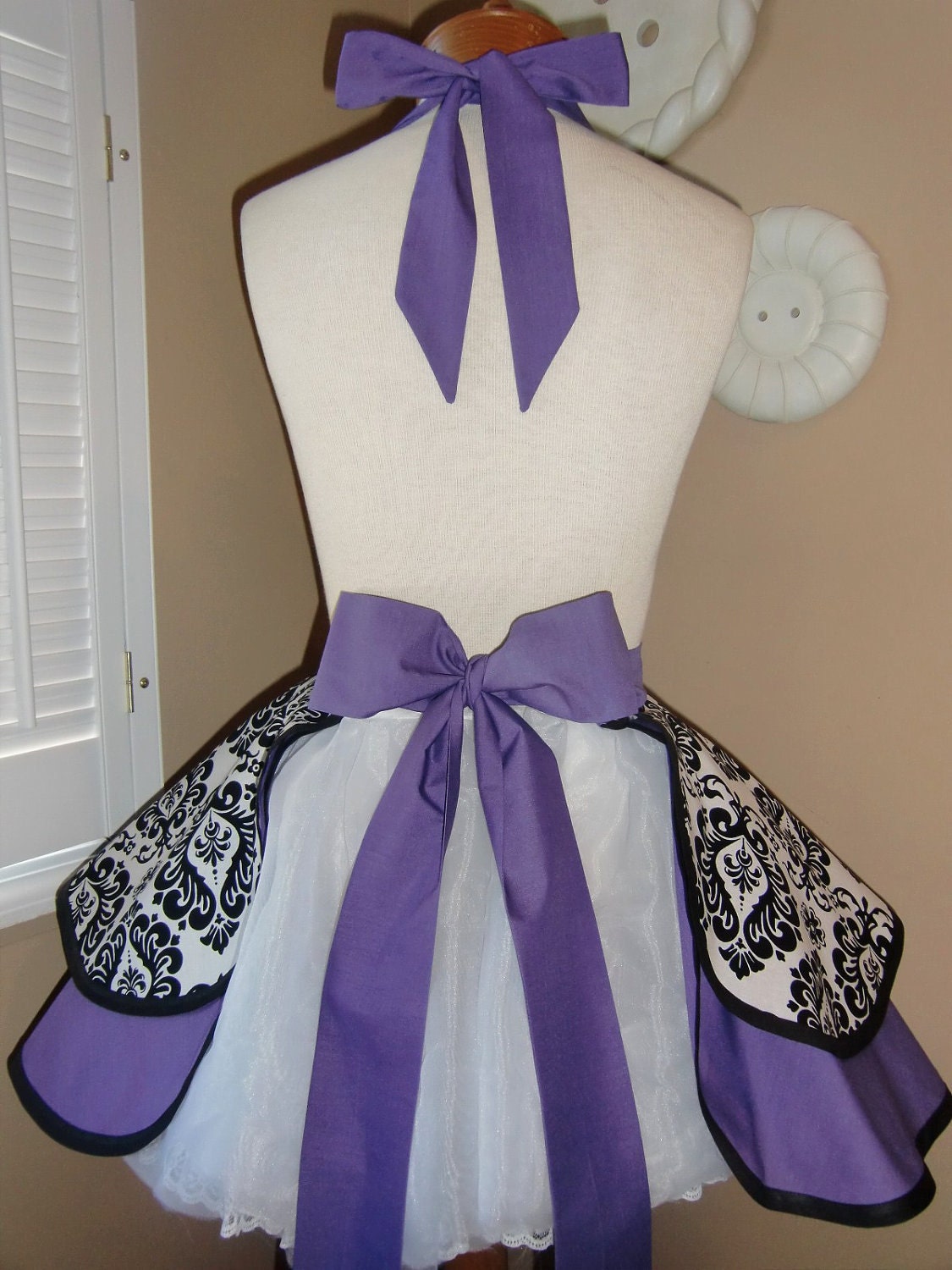 Damask Print Accented with Purple Womans Retro Apron With Tiered Skirt And Bib...Plus Size Available