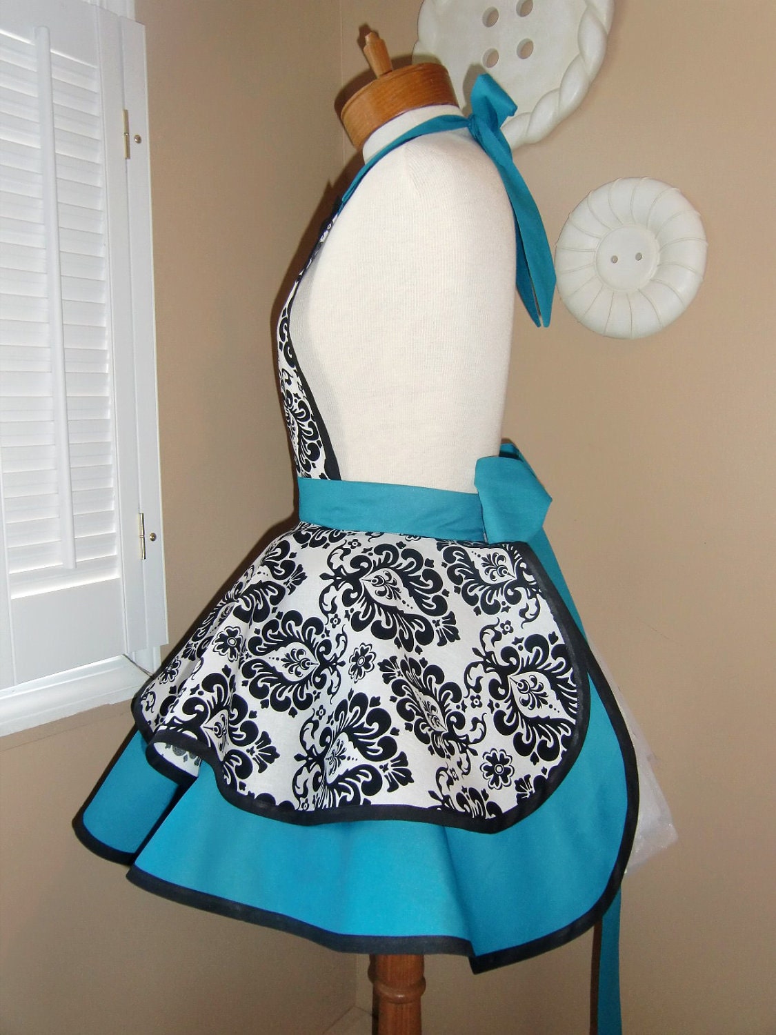 Damask Print Accented with Aqua Womans Retro Apron With Tiered Skirt And Bib