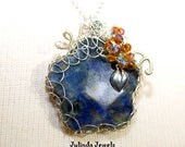 Flower Shaped Blue Agate Pendant Necklace Sterling Silver Wire Wrapped with Sterling Leaf Charm and Crystal Beads