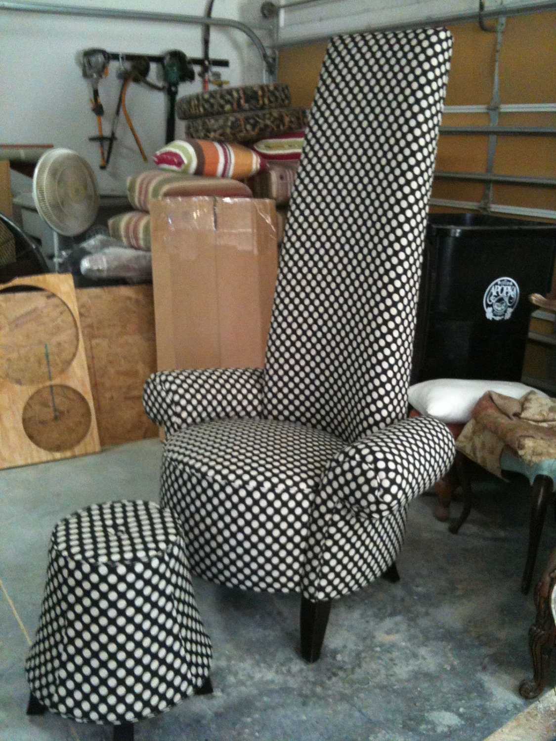 Whimsical Made-To-Order High Back Upholstered Chair and mataching Ottoman - Black & White Polka Dot - can be ANY FABRIC