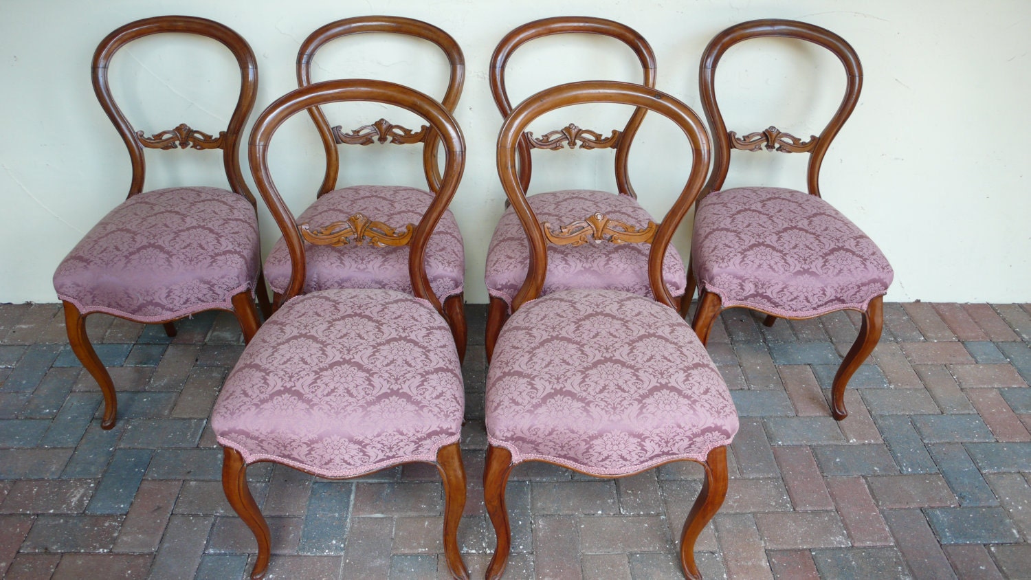 Set of 6 Victorian Balloon Back Dining Chairs (Sets of 6 are very very rare) - Shown in Pink High End Antique Fabric - can be ANY FABRIC