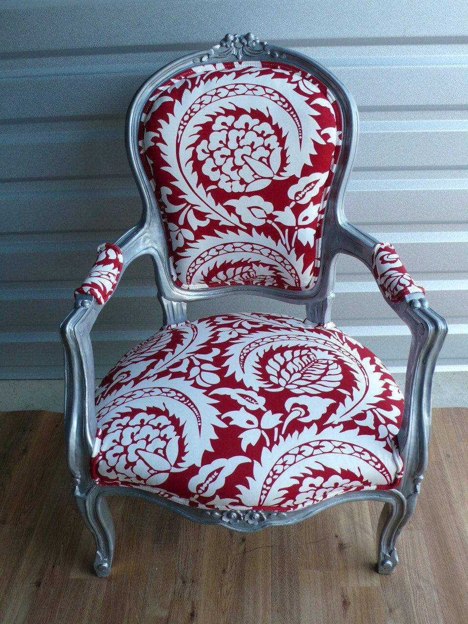 Red Damask Silver Wood Louis Arm Chair