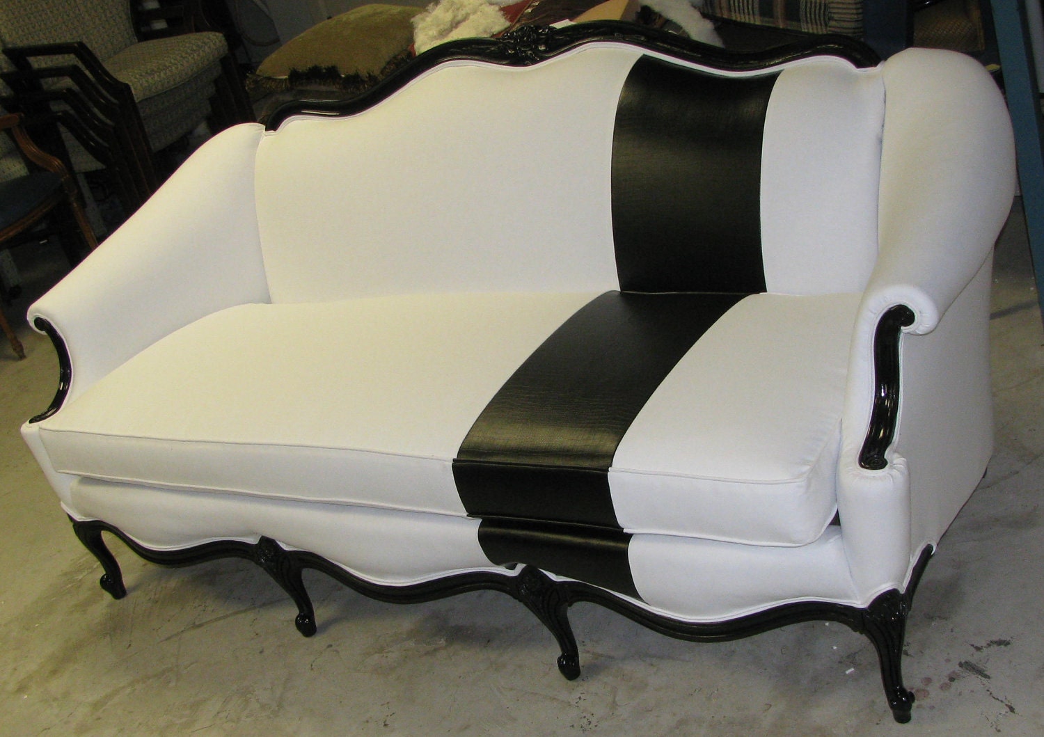 French White and Black Faux Alligator Fabric Sofa Couch - Shown in White Duck Cloth with Black Alligator Stripe - can be ANY FABRIC