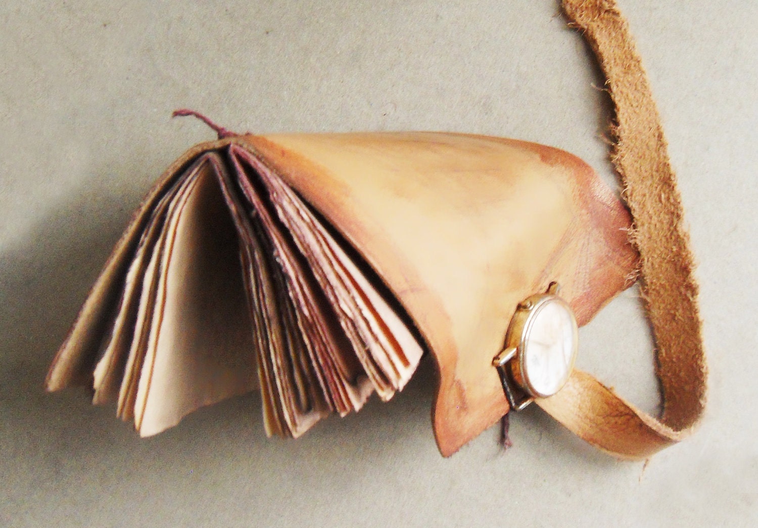 Ancient timeless Art journal. Handbound leather aged, burnt pages. Small rustic pocket journal. brown with clock.