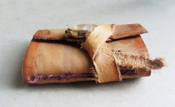 Ancient timeless Art journal. Handbound leather aged, burnt pages. Small rustic pocket journal. brown with clock.