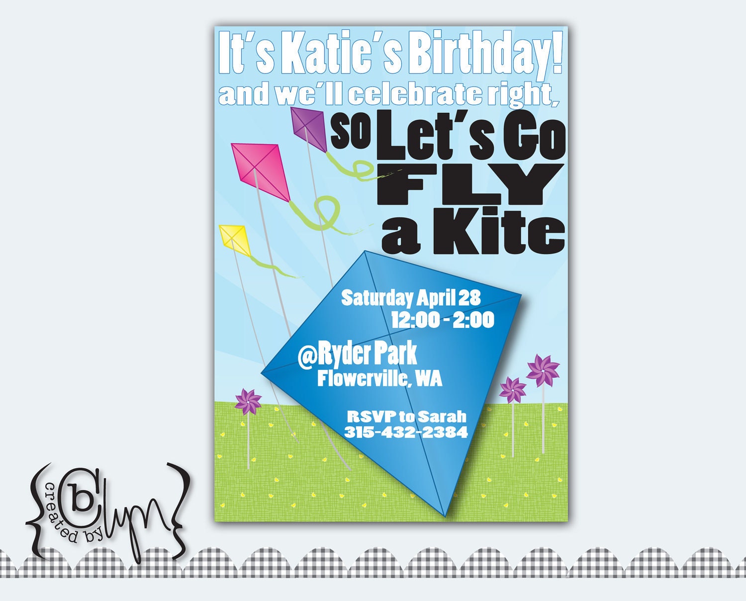 Park and Pinwheels Let's Go Fly a Kite birthday party invitation