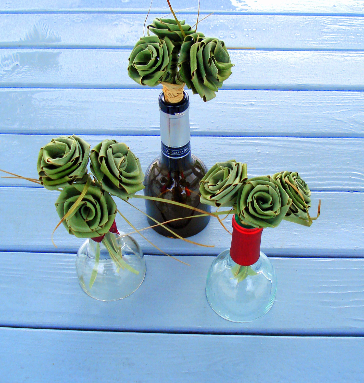 True Florida Rose Palm Frond Rose in a upcycled wine bottle vase No water required