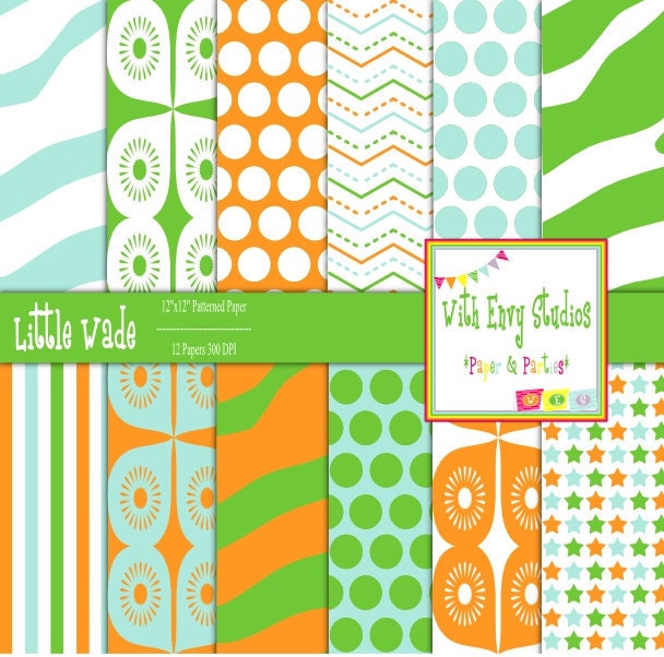 INSTANT DOWNLOAD Digital Scrapbook Paper Set-green, orange, light blue Il_570xn