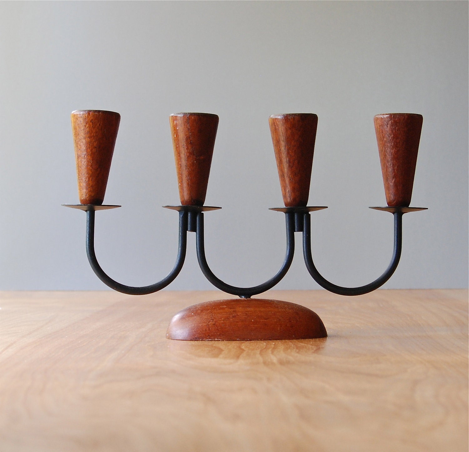 Mid Century Modern Teak and Metal Candelabra