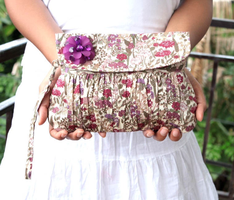 Floral Clutch Bag Violet Purple Lavender field of flower cotton