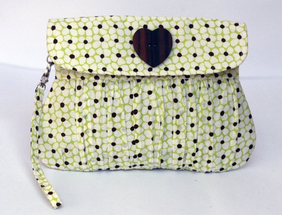 Wristlet Clutch, Pleated wristlet Lime Green Cotton Floral