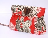 Wristlet, Pleated Wristlet In Coral and Brown Flower with Heart Shaped Wooden Button