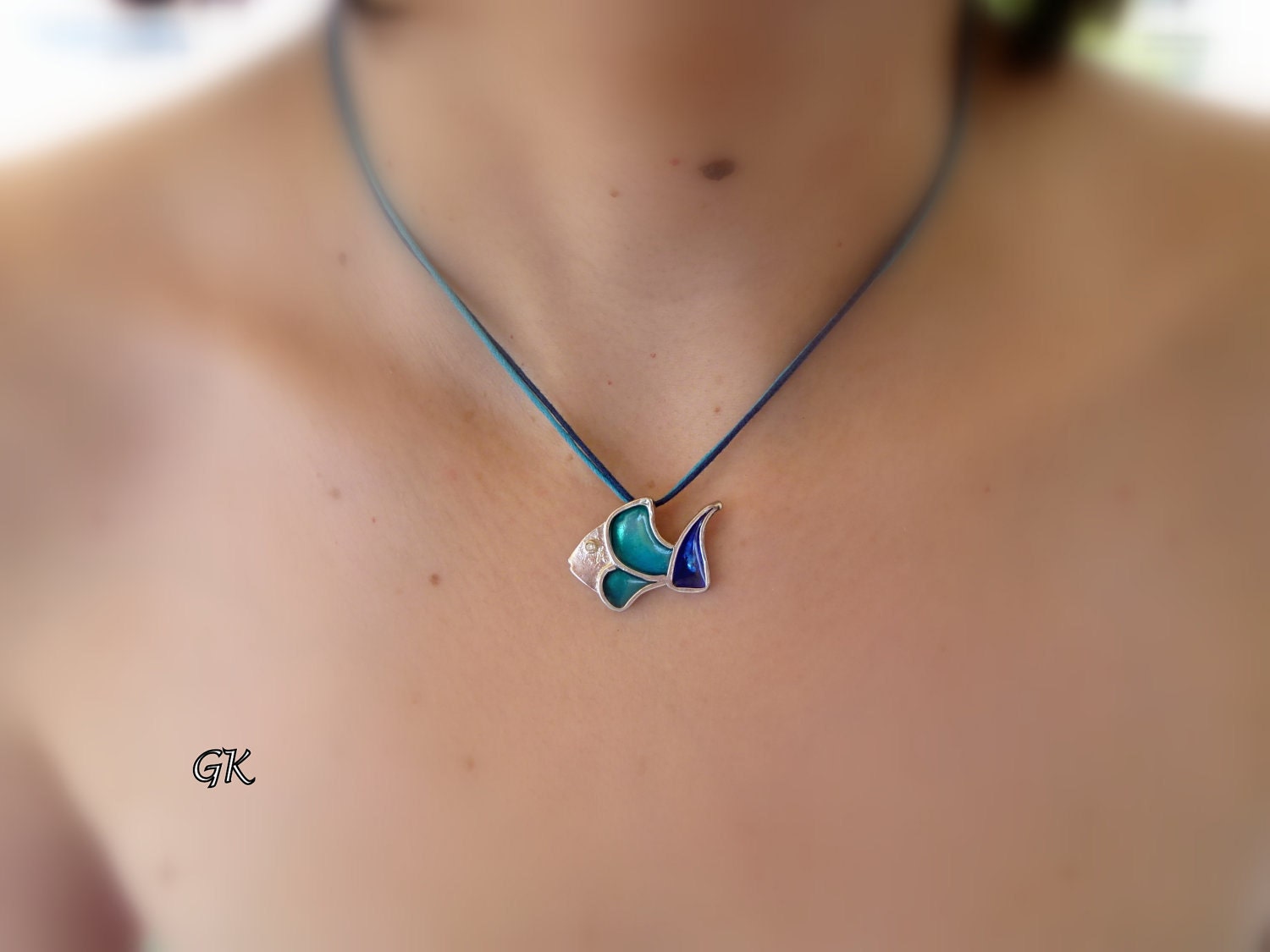 Turquoise sterling silver fish pendant, Aegean Blue Ocean Fish necklace, Summer Fashion